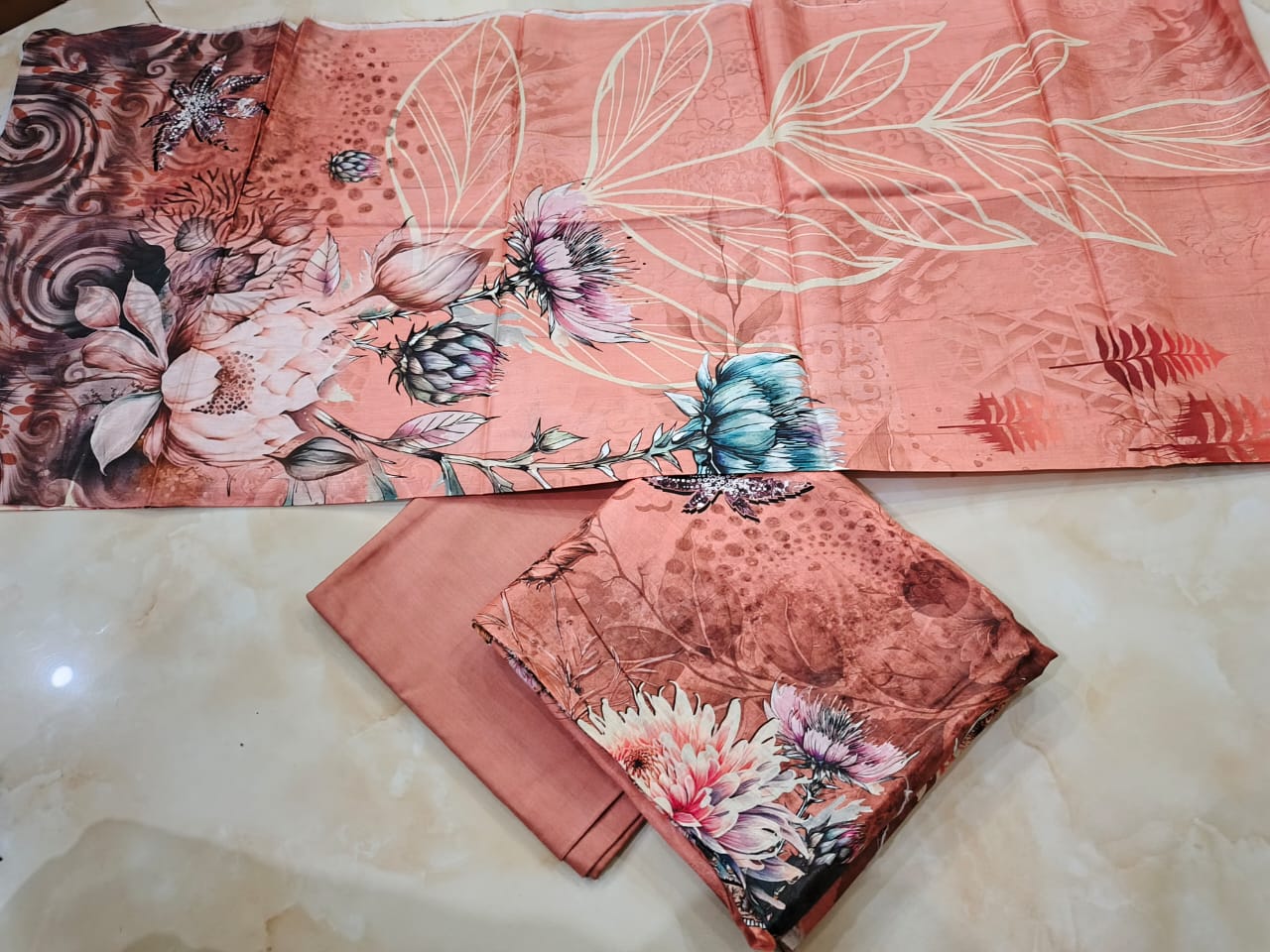 Peach lawn Printed Unstitched Suit - 3 PC