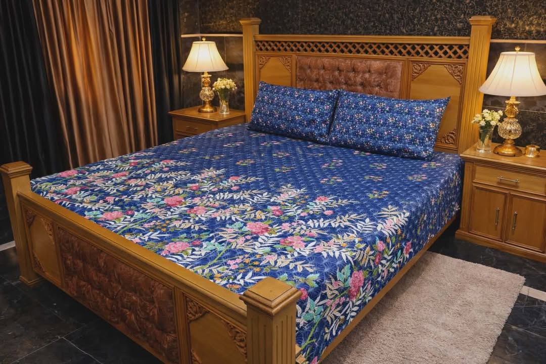 Blue Floral Quilted Bedsheet Set - 3 Pieces