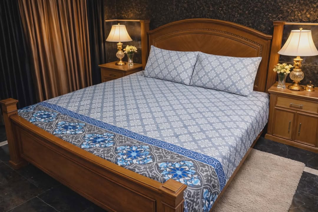 Blue Quilted Bedsheet Set - 3 Pieces