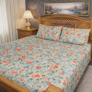 Soft Teal Floral BedSheet Set – 3 Pieces