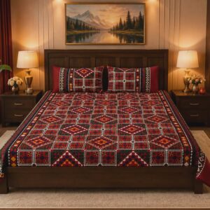 Red Geometric Pattern Quilted Bedsheet Set - 3 Pieces
