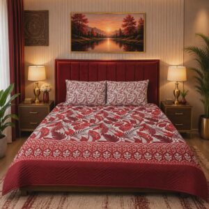 Red Leafy Quilted Bedsheet Set - 3 Pieces