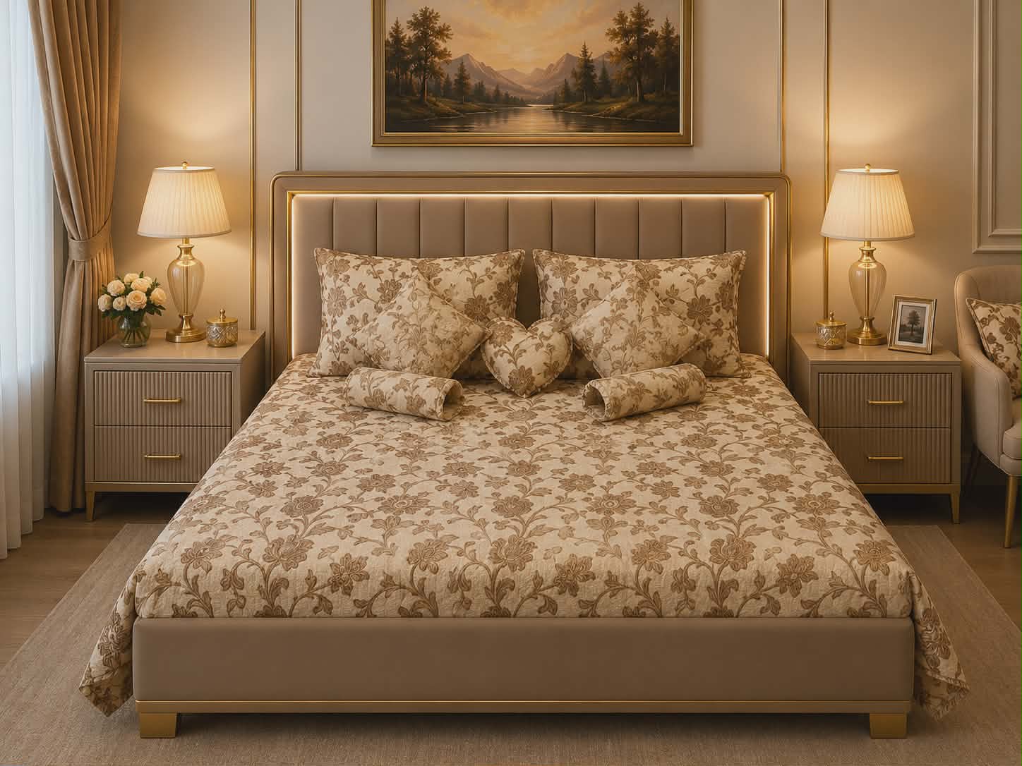 Golden Fancy Bedsheet Set - 6 Pieces