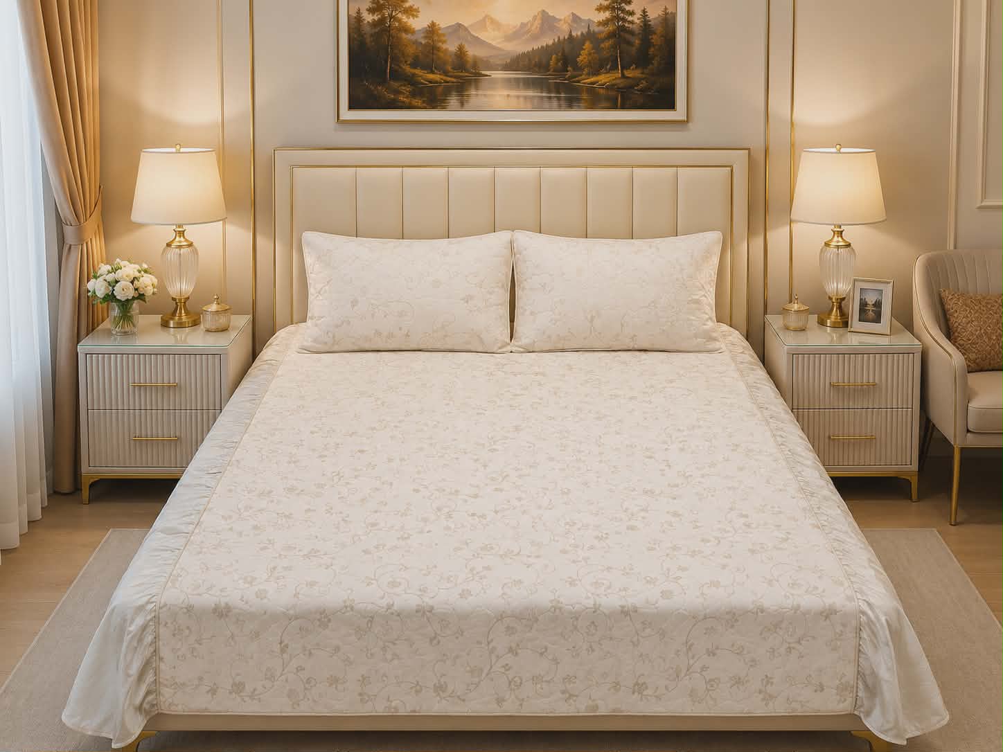 White Quilted Frill Bedsheet Set - 3 Pieces